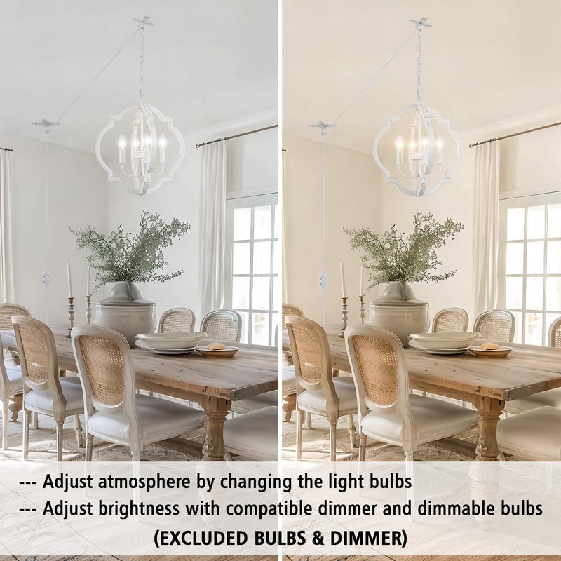 LASENCHOO Plug in White Farmhouse Chandelier Lighting with Long Cord, 4-Light Hanging Light Fixture Plug in Pendant Light for Ceiling, Wood Rustic Geometric Chandeliers for Dining Room Gazebo Outdoor - Image 4